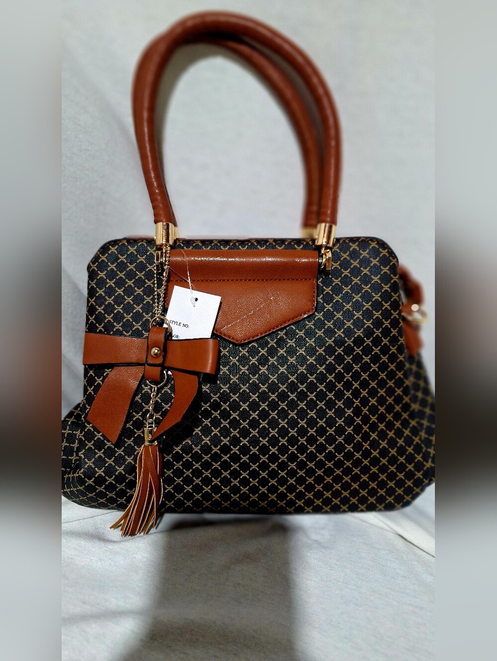 Brown Patterned Satchel Handbag with Tassel